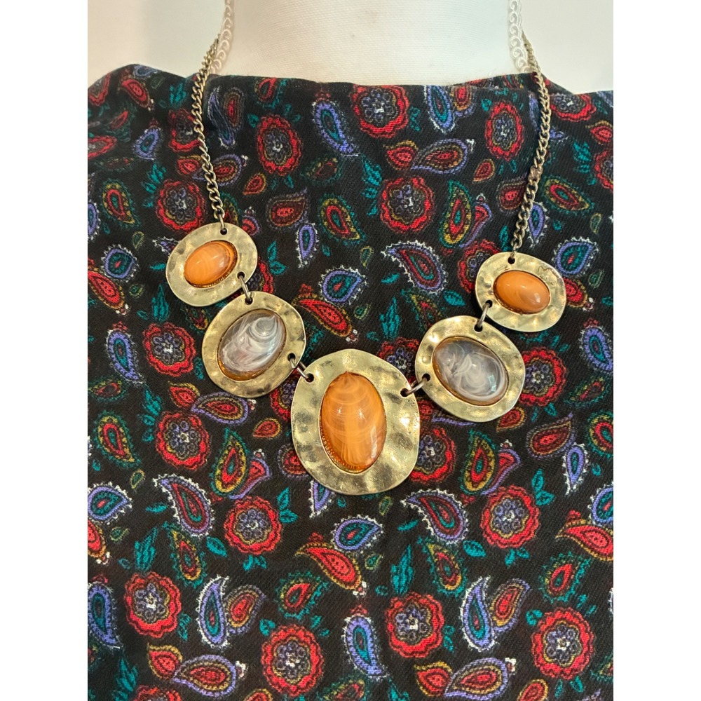 Chunky Gold Tone Orange Cabochon Statement Bib Necklace Hammered Boho Jewelry